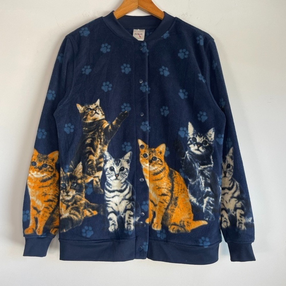 Blair Cat All Over Print Fleece‎ Sweater Small Snap Button